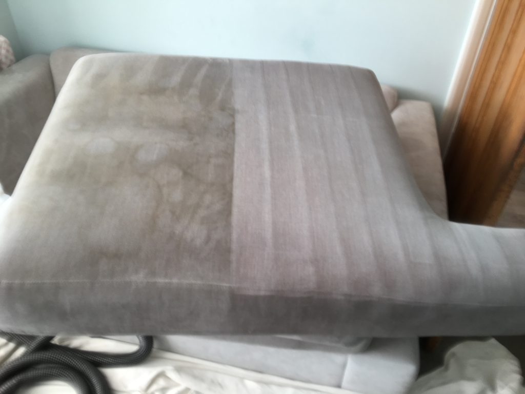 Side-by-side comparison of upholstery before and after professional cleaning